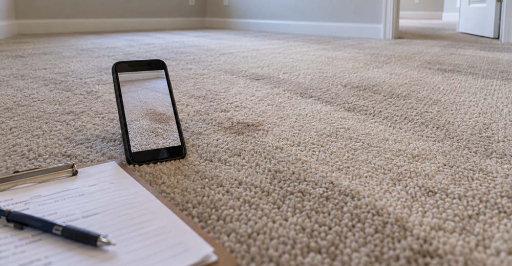 Property manager photographing carpet during a move-out inspection in a Charleston rental